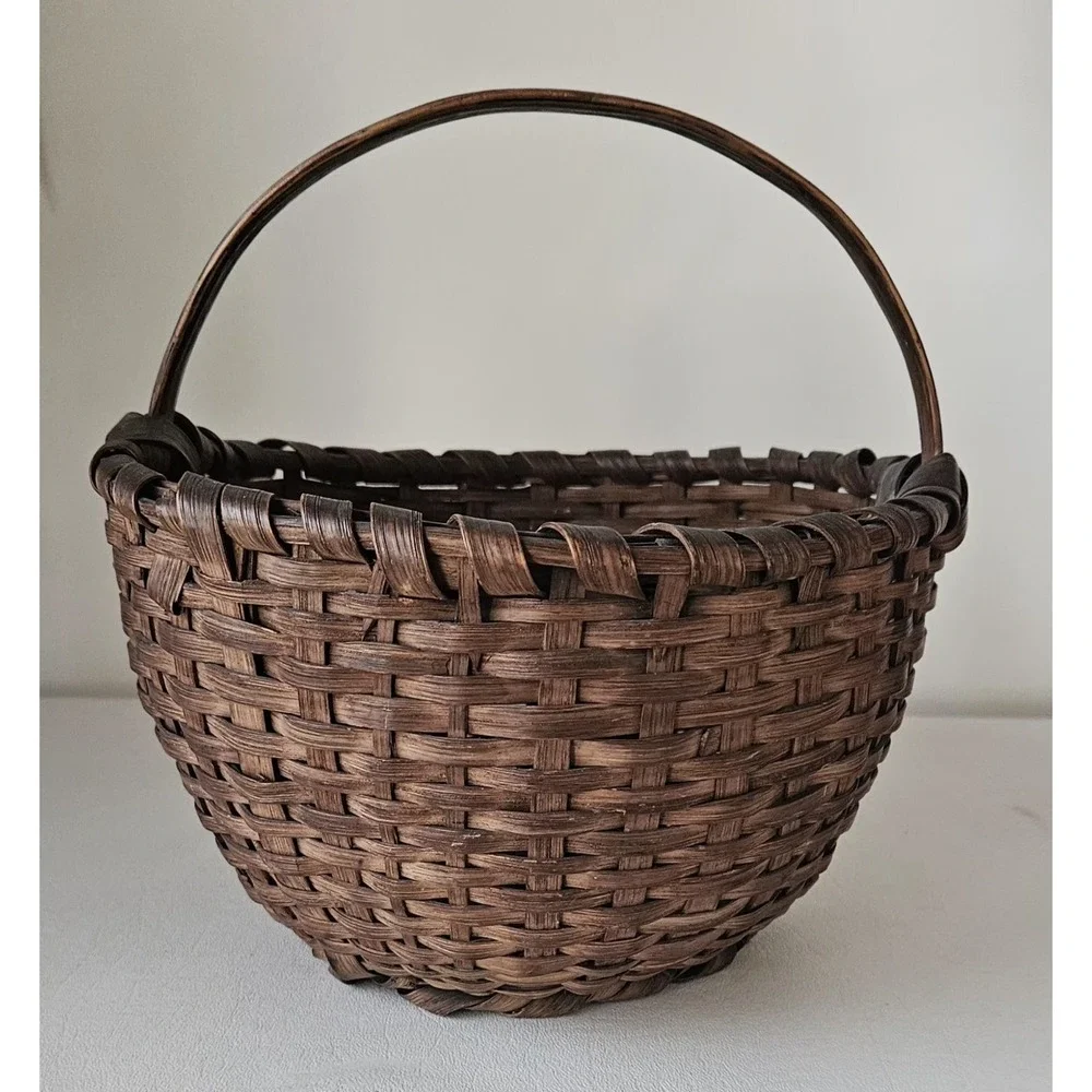 Antique Primitive Woven Split Oak Handle Gathering Basket  SMALL 9
